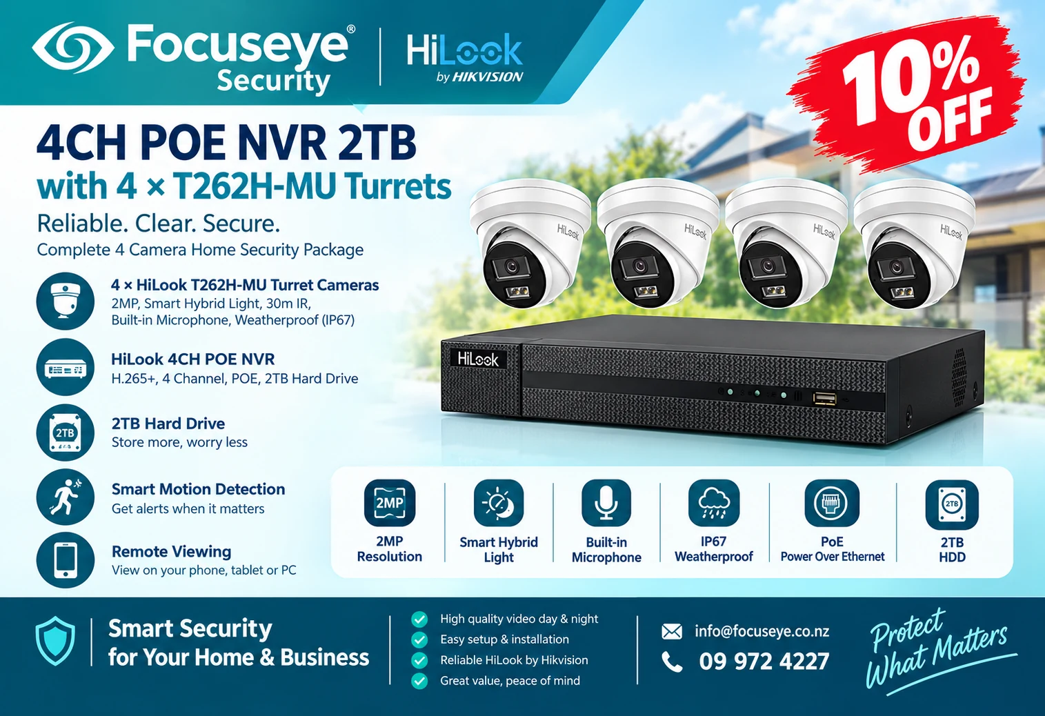 HiLook by Hikvision 4-channel PoE NVR 2TB kit with 4 T262H-MU turret cameras, 10% off