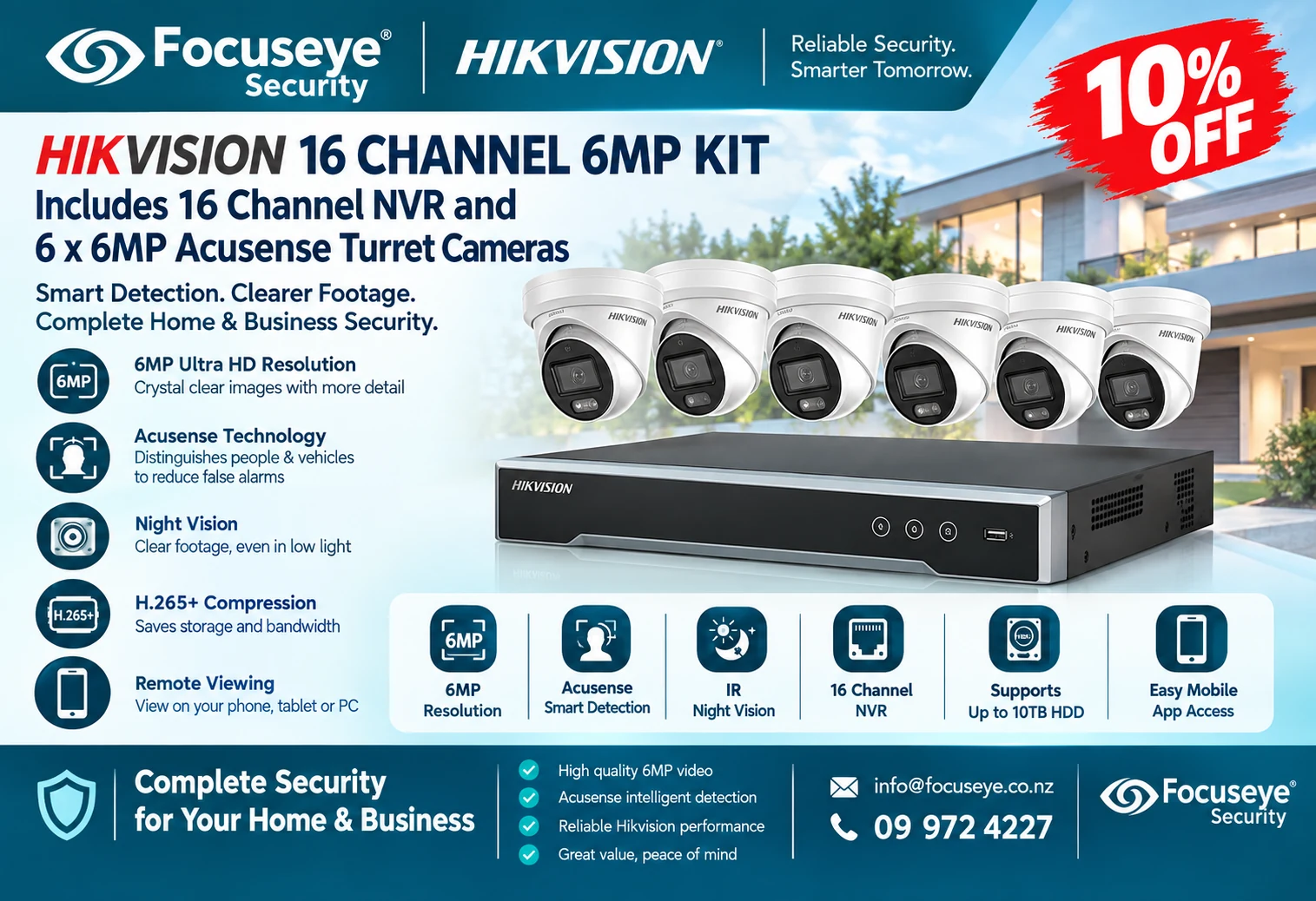 Hikvision 16-channel 6MP kit with NVR and 6 AcuSense turret cameras, 10% off