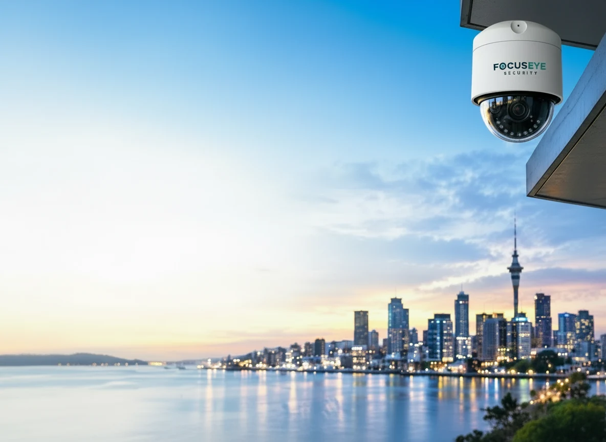 FocusEye Security dome camera overlooking the Auckland skyline at dusk