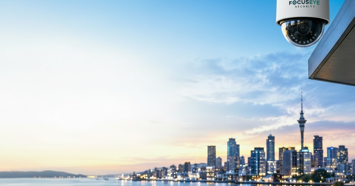 FocusEye Security CCTV camera overlooking the Auckland skyline